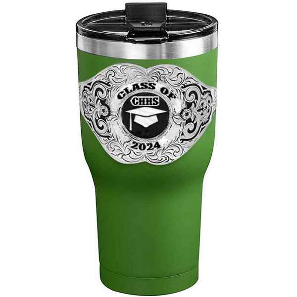 A customized tumbler made of stainless steel with a personalized engraved Class of 2024 lettering with graduate cap figure, 30 oz, ideal for coffee or cool drinks